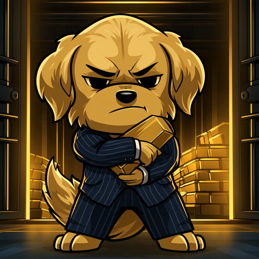 Goldie, a golden retriever in a pinstripe suit holding a gold bar inside a vault